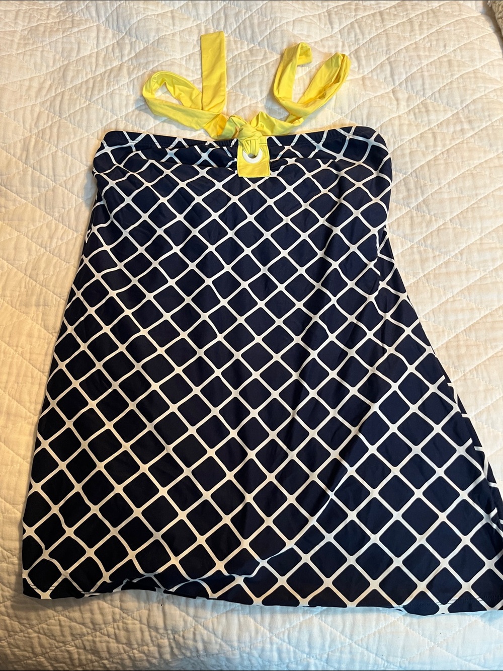 Beach House Navy & White Lattice Bathing Suit with Yellow Accents. Size 10